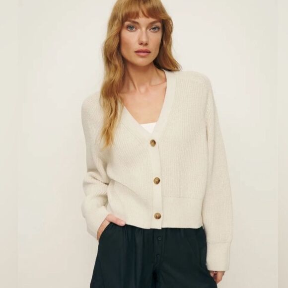Reformation Jessa Cardigan 100% Organic Cotton Ribbed Tan Cropped Sweater XS - Picture 1 of 8